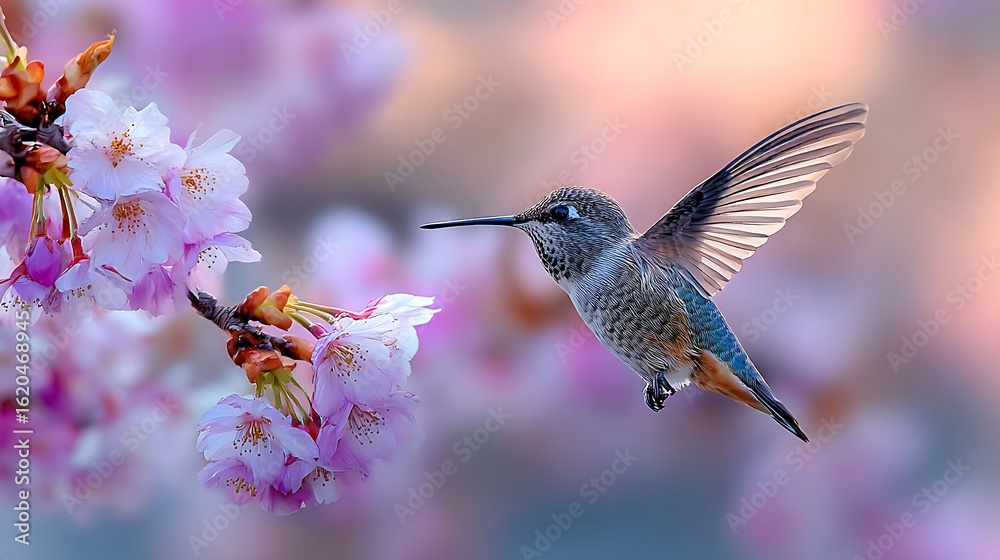 Naklejka premium Hummingbird hovering over a flower feeding on nectar