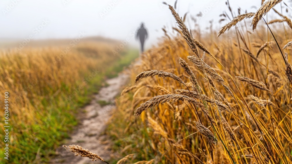 Fototapeta premium Soft morning field scene with narrow footpath leading into dense mist and a figure walking away