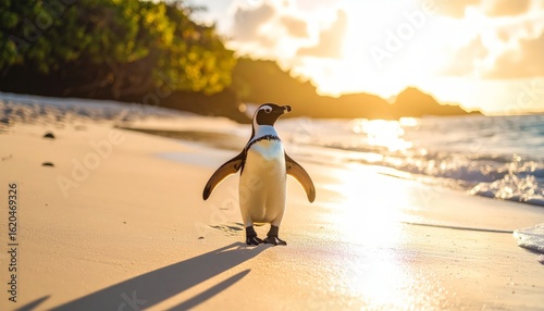 Solitary penguin on sunny beach walk.