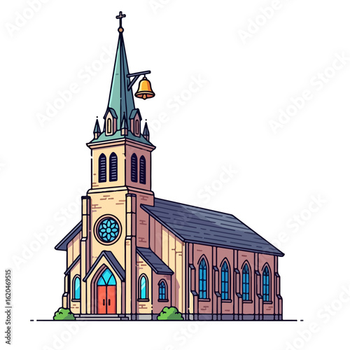 Flat design of a Catholic church with a small bell, hanging from the main tower. Vector flat design cartoon. AI generated images.