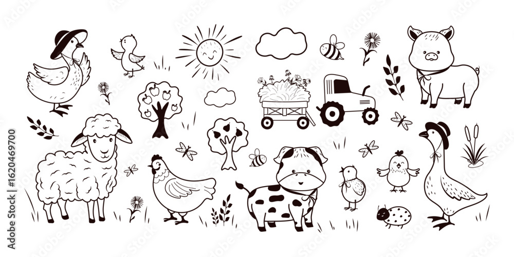 Obraz premium Set with farm animals, machinery, and plants. Vector illustration. Hand-drawn goose, duck, lamb, chickens, cow, chicken, and pig.