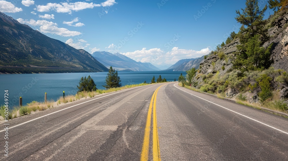 Fototapeta premium Highway Horizons: Dynamic Picture of Asphalt Highway – Smooth Black Pavement Cutting Through Green Fields and Distant Hills, Yellow Center Lines, Roadside Guardrails, and Trucks Speeding Under a Cloud