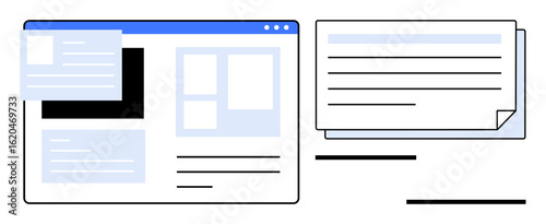 Website interface with tabs, text blocks, and visual placeholders next to a document layout. Ideal for web design, content organization, user interface, digital workflow, documentation, layout