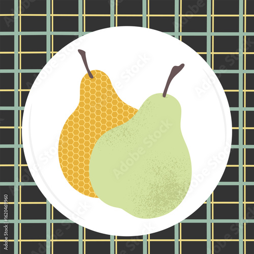 Two pears on the plate. Cartoon fruits. Vector illustration