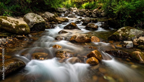 Fast Creek Flowing Over Rocks In Forest