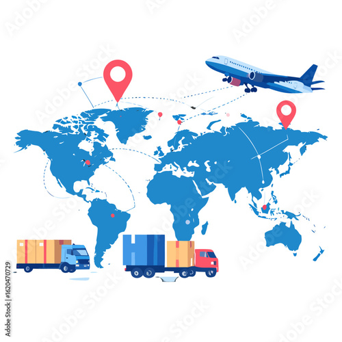 Global logistics concept with a blue world map, airplane, delivery trucks, and red location pins showing worldwide shipping routes.