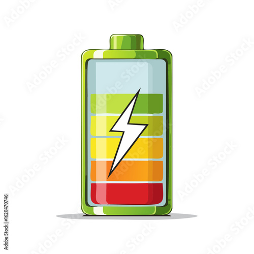 Full charged cartoon battery illustration with colorful indicators and a white lightning bolt icon.
