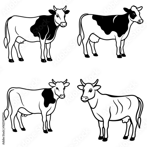 Four black and white cows standing in different poses with horns and udders on a white background art