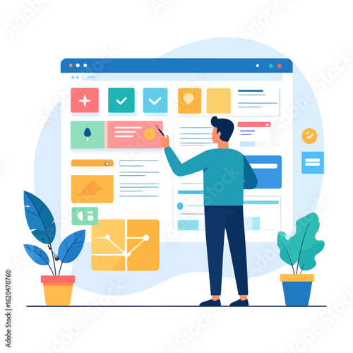 Man pointing at large web interface, showcasing colorful UI elements in flat vector illustration style.