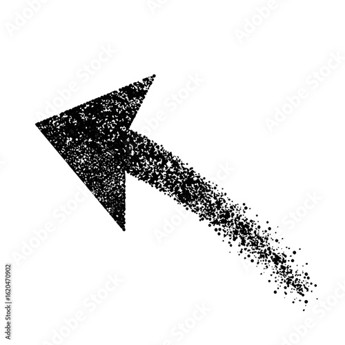 Black arrow with a grainy, stippled texture, dissolving into scattered particles while pointing left.