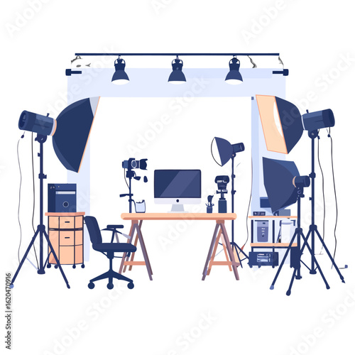 Modern photography studio workspace with professional lighting, camera, computer, and backdrop.