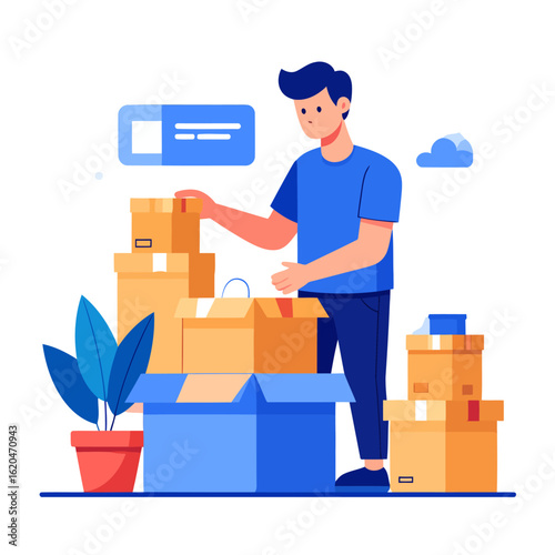 Cartoon Man Packing Cardboard Boxes for Moving or Shipping