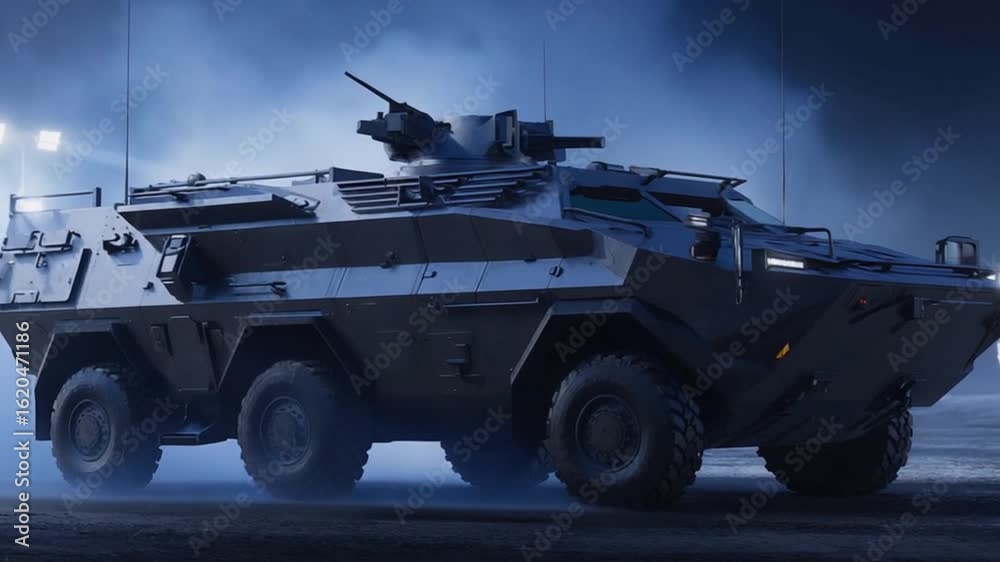 Armored military vehicle parked in a dimly lit environment with dramatic lighting effects Armored military vehicle parked in a dimly lit environment with dramatic lighting effects