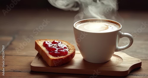 Cup of Cappuccino and Toast with Jam in Warm Light. Simple Breakfast with Cappuccino and Buttery Toast. Rustic Coffee and Toast Scene in Minimal Aesthetic.
