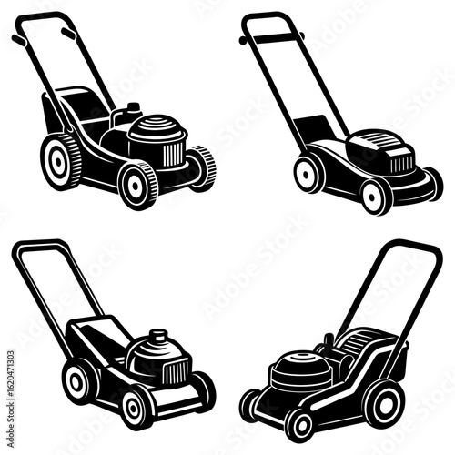 Four lawn mowers in black and white design showcasing gardening equipment for lawn maintenance and yard work