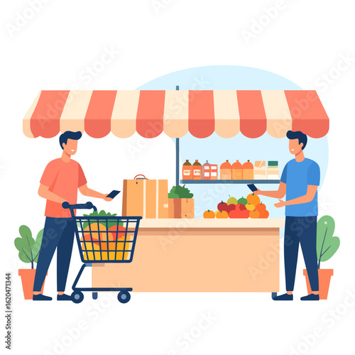 Men at a farmers market stall using phones for payment, with a cart full of fresh fruit.