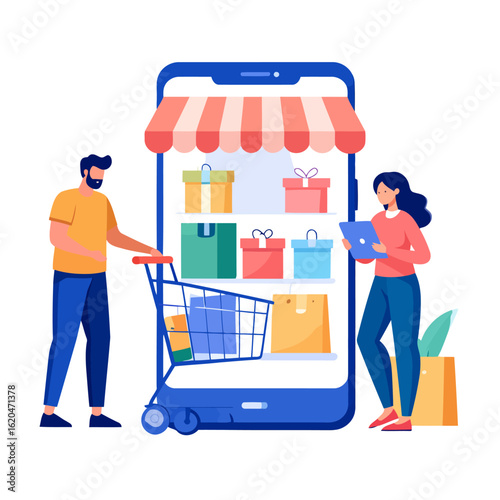 Couple online shopping on a giant smartphone storefront. A man pushes a cart and a woman holds a tablet, browsing colorful gift boxes on digital shelves.