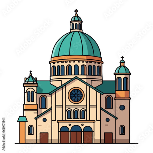 Flat design of a Catholic church with a round dome, classic style arched windows. Vector flat design cartoon. AI generated images.
