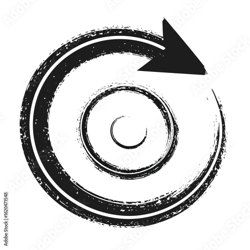 Grunge style black circular arrow with a distressed, stamped texture. Clockwise spiral refresh symbol.