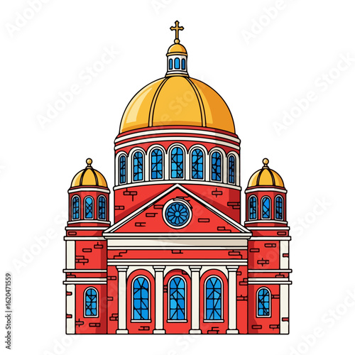 Flat design of a Catholic church with a round dome, classic style arched windows. Vector flat design cartoon. AI generated images.