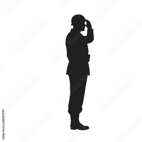 Vector art of silhouette of a soldier in uniform and helmet saluting, isolated on white background, representing honor, respect, and military service