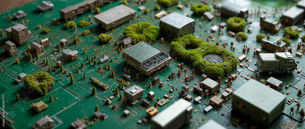 Exploring microworlds crafted from microchips showcasing intricate landscapes and cities Exploring microworlds crafted from microchips showcasing intricate landscapes and cities