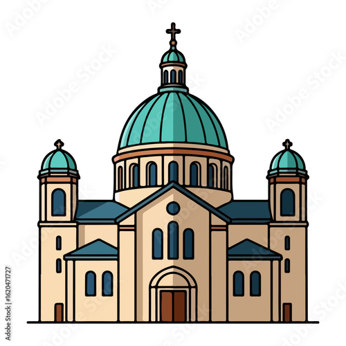 Flat design of a Catholic church with a round dome, classic style arched windows. Vector flat design cartoon. AI generated images.