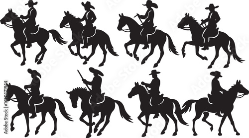 Dynamic set of galloping horse silhouettes with riders, perfect for equestrian sport vector illustrations