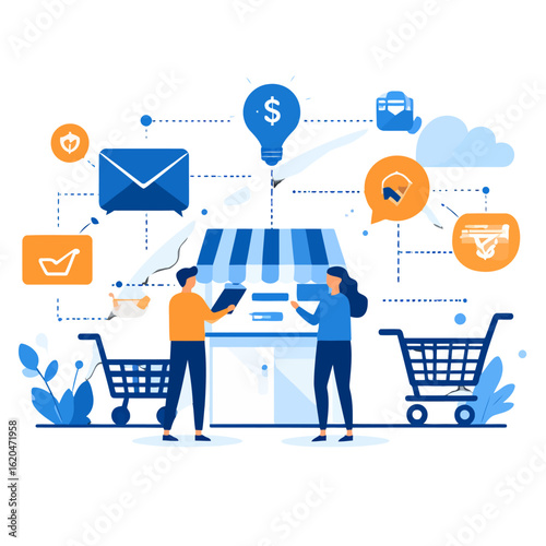 Flat design illustration of an e-commerce business concept with shoppers, a storefront, and a network of marketing and finance icons.