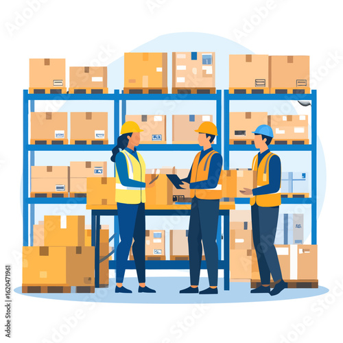 Diverse team of warehouse workers in safety vests and hard hats managing inventory with boxes and a clipboard.