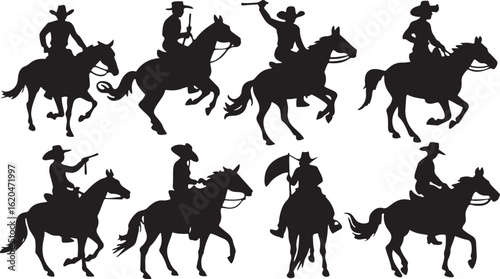 Black vector silhouette of a cowboy rider on a galloping horse, perfect for equestrian sports illustrations