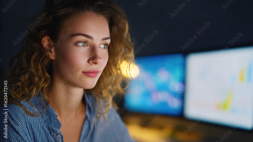 Obraz premium Focused Contemplation: A young woman with curly hair in deep thought and concentration, illuminated by the glow of a computer screen