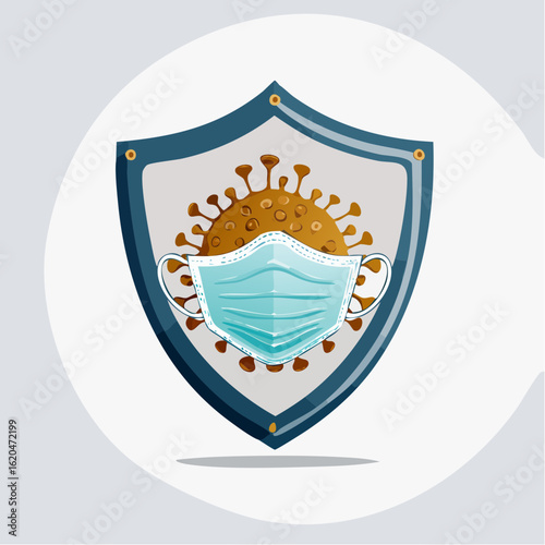 Abwehr eines Virus mit Maske und Schutzschild – flache Vektorillustration