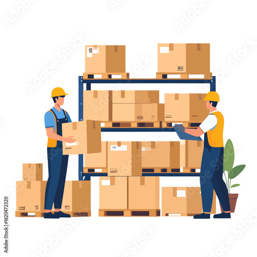 Team of two warehouse workers in yellow hard hats organizing cardboard boxes on industrial shelving.