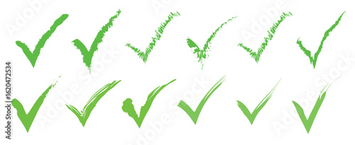 Green check mark icon set, click and right. Tick symbol in green color. Hand drawn checkmark illustration. Vector illustration