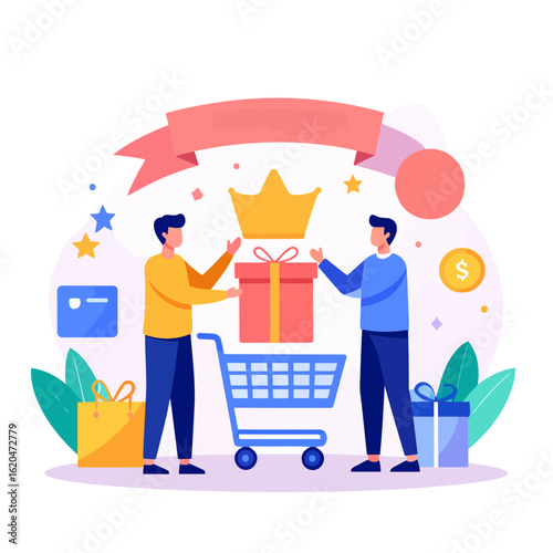 Two People Exchanging a Gift and Crown in a Shopping Cart Illustration