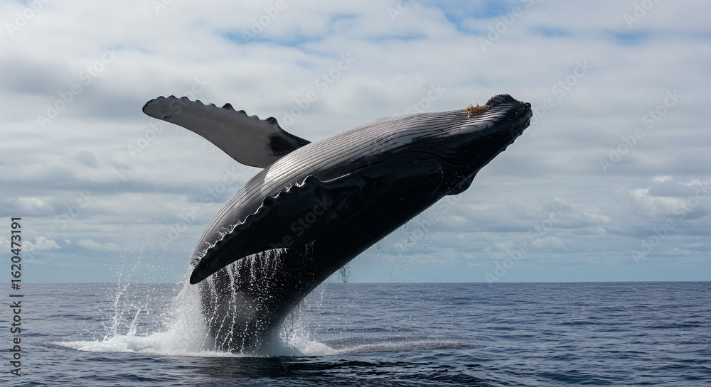 Fototapeta premium Whale breaching dramatically above the ocean surface, with water spray and cloudy sky in background.