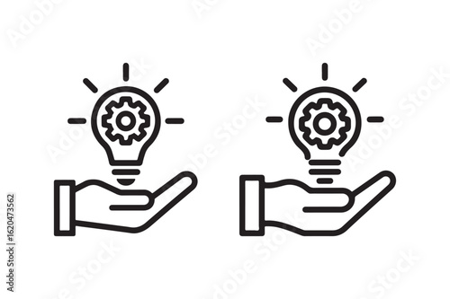 Hands holding lightbulb with gear symbol illustrating innovation and ideas