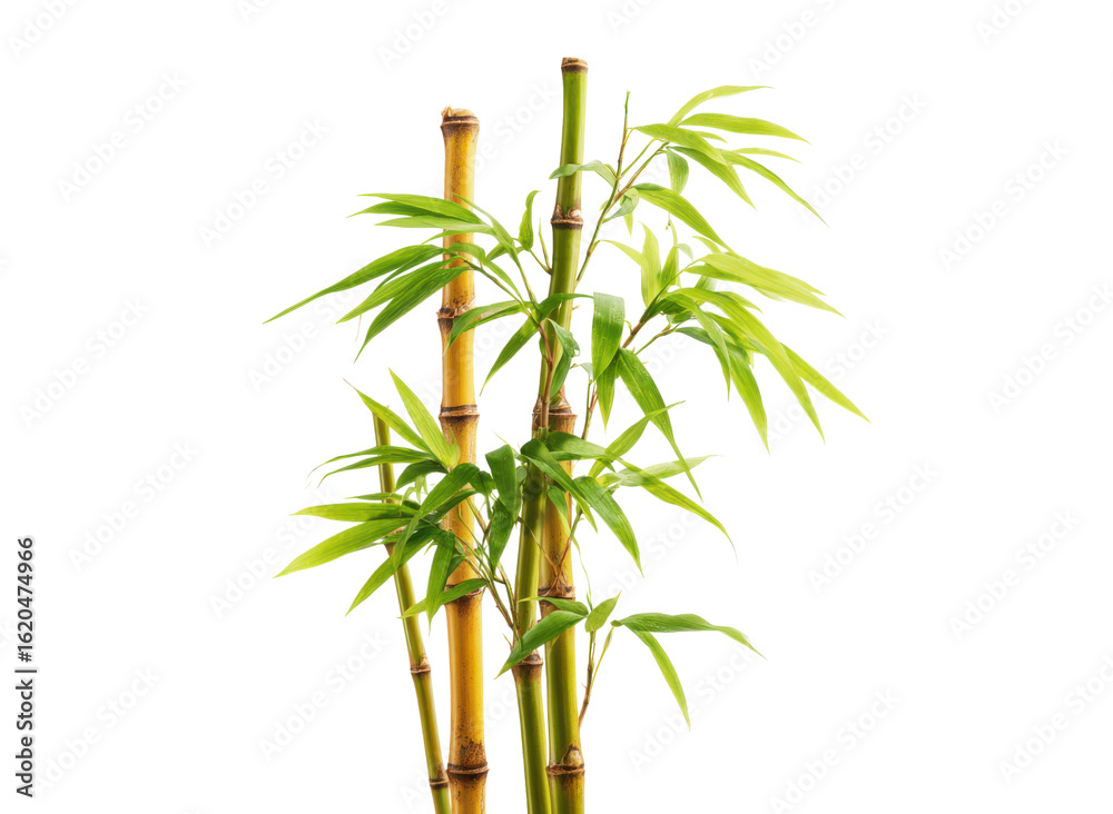 Fototapeta premium Golden bamboo stalks with vibrant green leaves isolated on black image, Isolated, Png Transparent Background