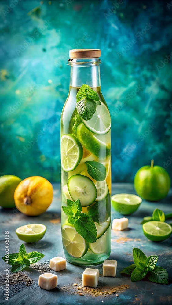 Refreshing detox water with lime, lemon, cucumber and mint in bottle Refreshing detox water with lime, lemon, cucumber and mint in bottle