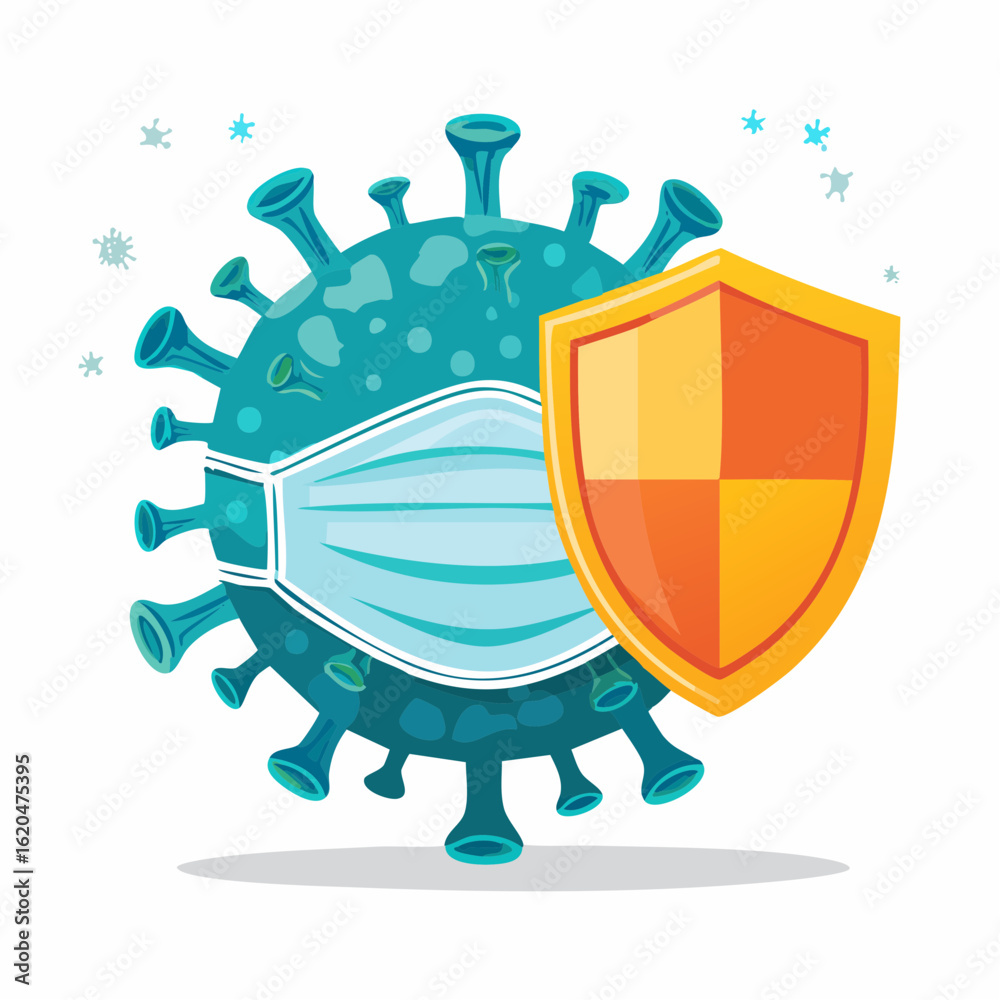 Fototapeta premium Abwehr eines Virus mit Maske und Schutzschild – flache Vektorillustration
