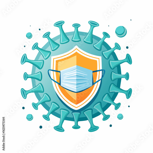 Abwehr eines Virus mit Maske und Schutzschild – flache Vektorillustration