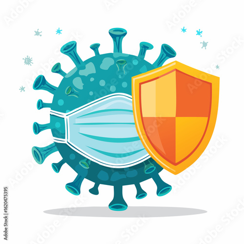Abwehr eines Virus mit Maske und Schutzschild – flache Vektorillustration