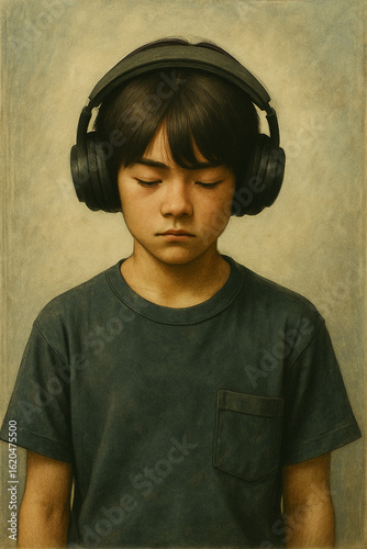 ヘッドフォンで音楽を聴く少年