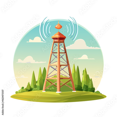 Cartoon communications tower transmits radio waves over green landscape with trees and cloudy sky background