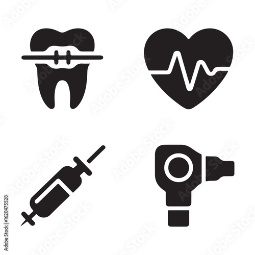 Icons representing dental health, cardiology, injection, and otoscope arranged on a white background