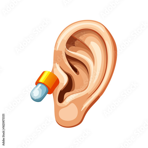 Cartoon Ear with Earplug Device Protection Against Noise and Loud Sounds Illustration