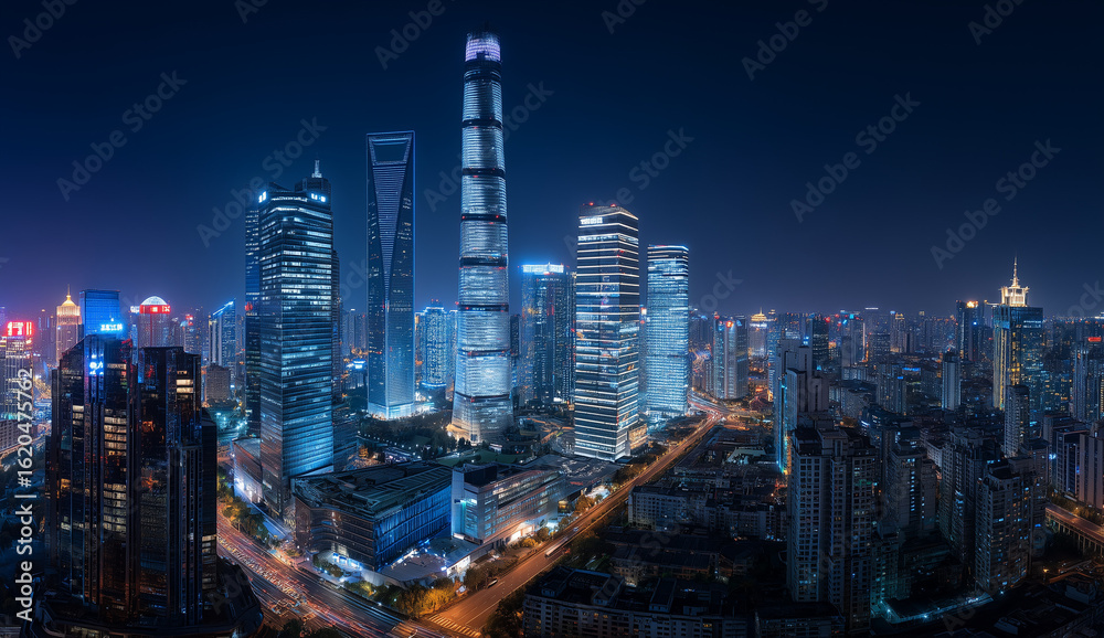 Fototapeta premium Modern city skyline illuminated at night with blue and white lights