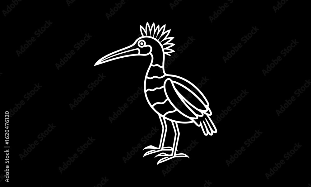 Obraz premium White Outline Bird on Black, Stylized Hoopoe or Ibis Icon