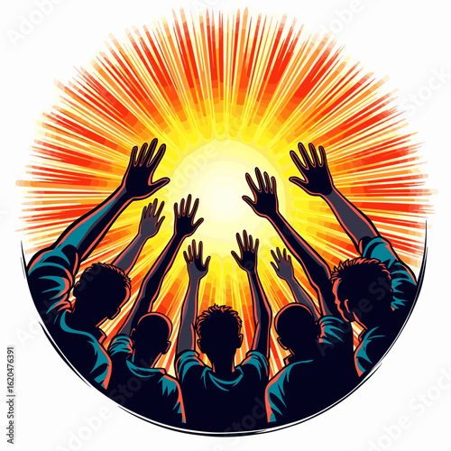 Silhouettes of people reaching for the sun in a vibrant illustration